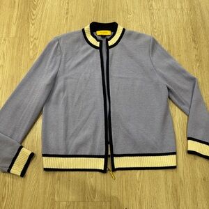 St. John periwinkle stripe trim zip up Cardigan sweater